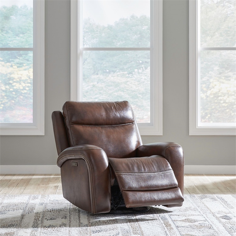 Pemberly Row Zero Gravity Power Reclining Sofa and Recliner in Cognac Leather