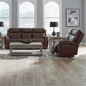 Pemberly Row Dual Zero Gravity Power Reclining Sofa and Loveseat in Cognac