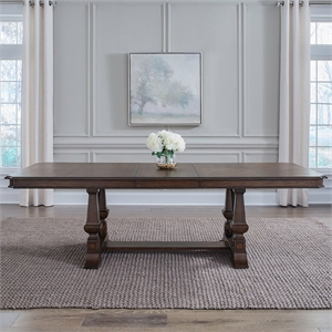 Pemberly Row Trestle Dining Table with Self Storing Leaf in Brown Hickory Wood
