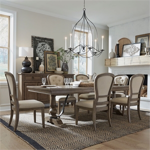 Pemberly Row 7 Piece Trestle Dining Set with Tufted Chairs in Brown