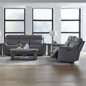 Pemberly Row Power Reclining Sofa & Loveseat Set in Blue Gray Leather