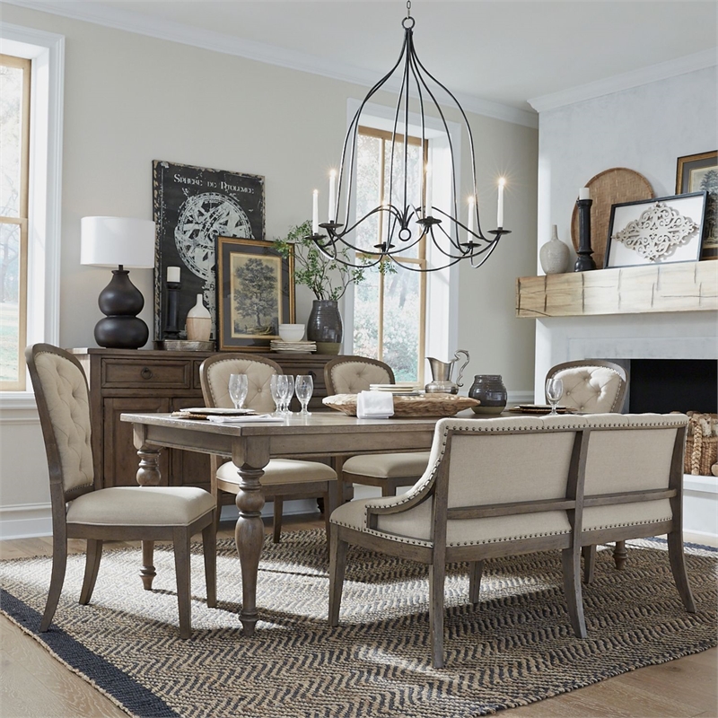 Pemberly Row 6 Piece Leg Table Dining Set with Bench in Brown