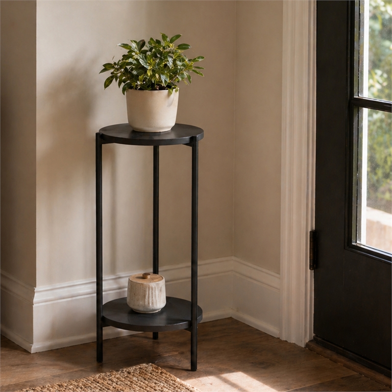 Pemberly Row 2-Tier Round Plant Stand Metal Flower Pot Stand in Americano