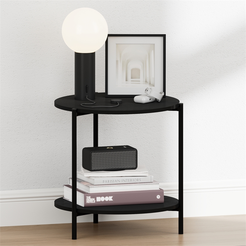 Pemberly Row 2-Tier Wide Round Nightstand Metal Legs End Table in Americano