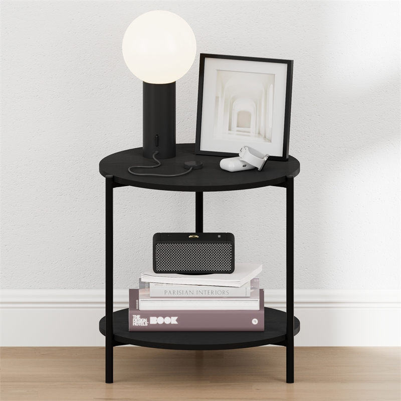Pemberly Row 2-Tier Wide Round Nightstand Metal Legs End Table in Americano