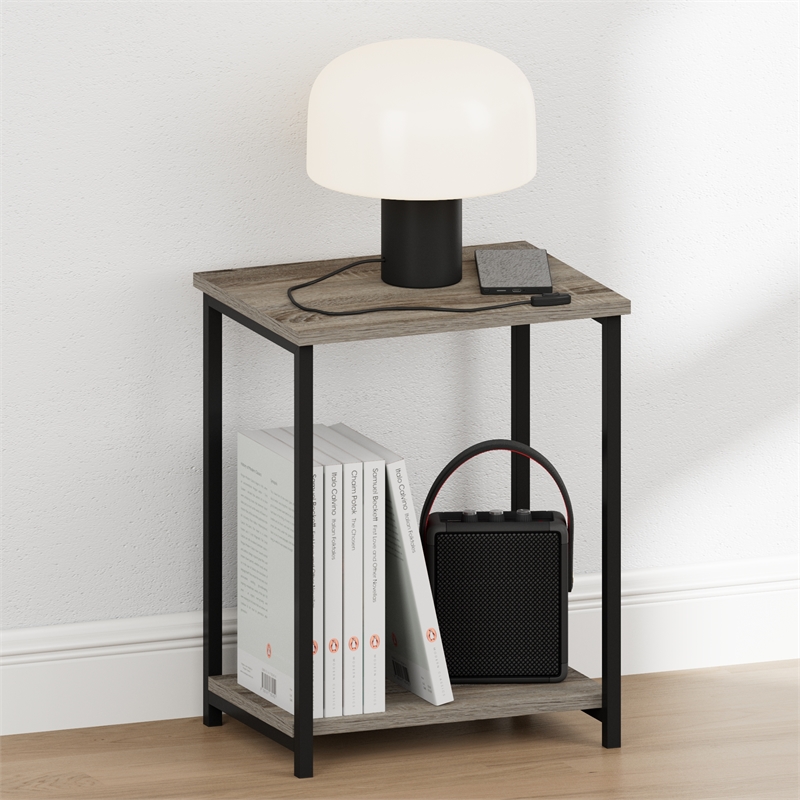 Pemberly Row 2-Tier Metal Frame Open Nightstand End Table in French Oak