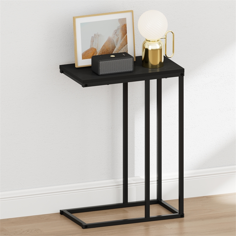 Pemberly Row C-shape Metal Frame Nightstand Side Table in Americano