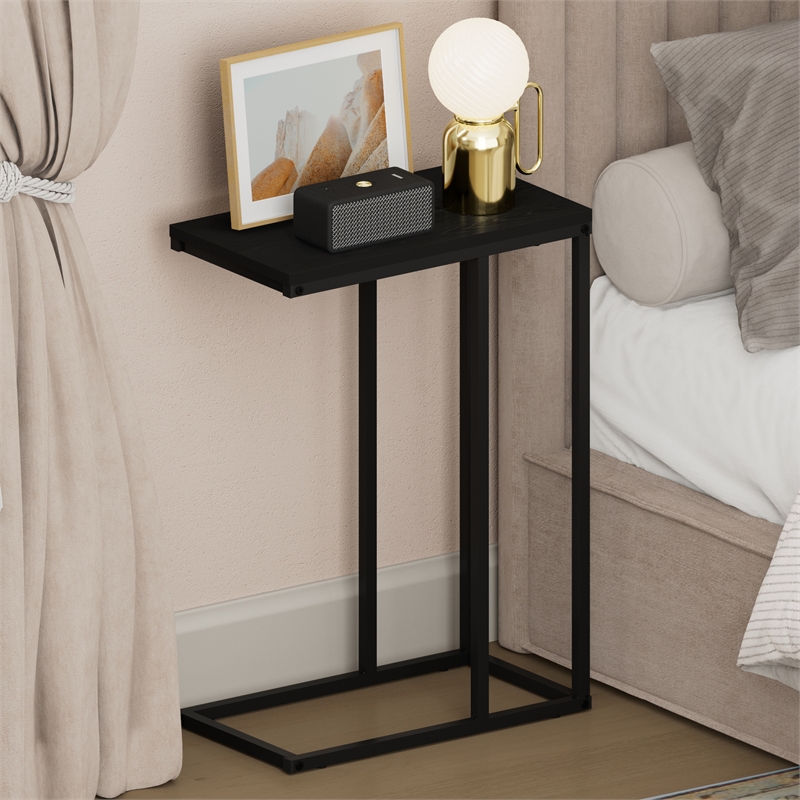 Pemberly Row C-shape Metal Frame Nightstand Side Table in Americano