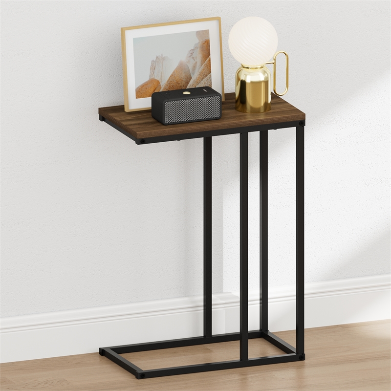 Pemberly Row C-shape Metal Frame Nightstand Side Table in Columbia Walnut