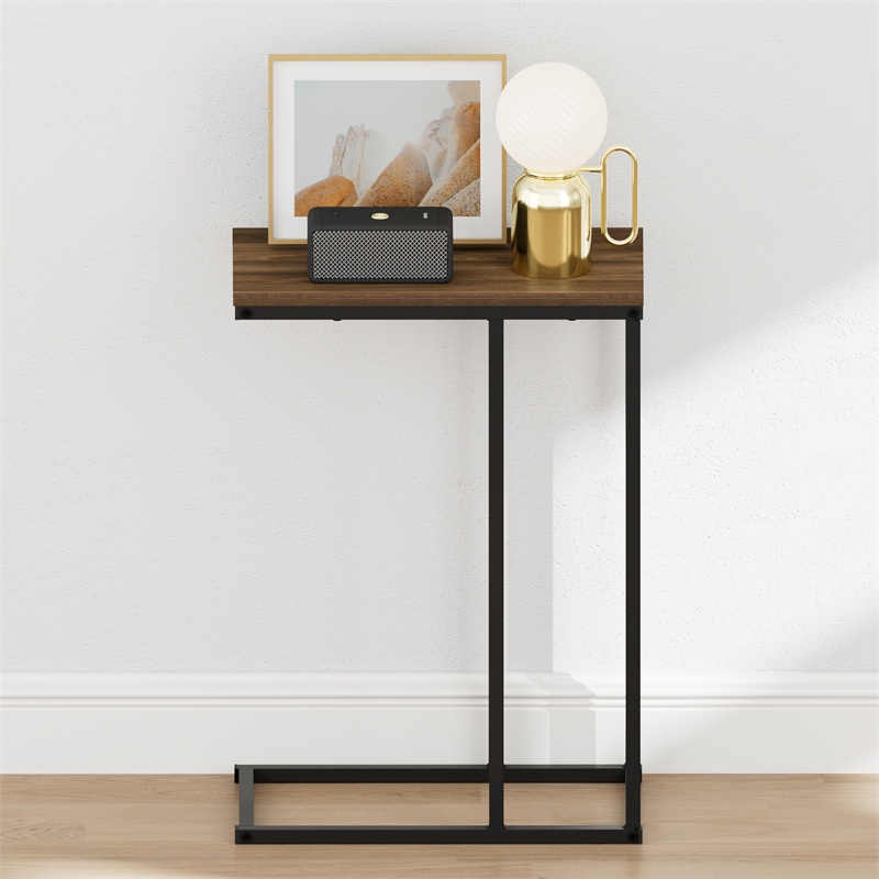Pemberly Row C-shape Metal Frame Nightstand Side Table in Columbia Walnut