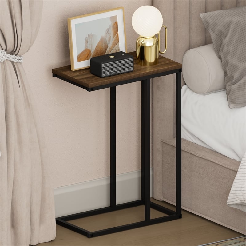 Pemberly Row C-shape Metal Frame Nightstand Side Table in Columbia Walnut