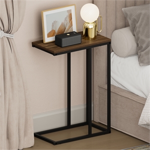 Pemberly Row C-shape Metal Frame Nightstand Side Table in Columbia Walnut