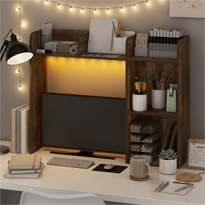 Pemberly Row 5-Shelf LED Lights Desktop Hutch Desk Organizer in Amber Pine