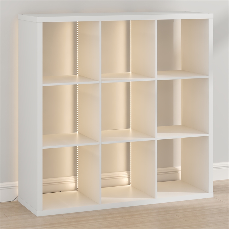 Pemberly Row LED Lights 9-Cube Reversible Extra Thick Frame Bookcase in White