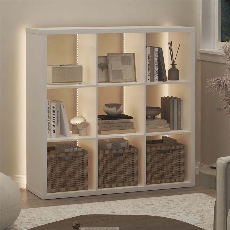 Pemberly Row LED Lights 9-Cube Reversible Extra Thick Frame Bookcase in White