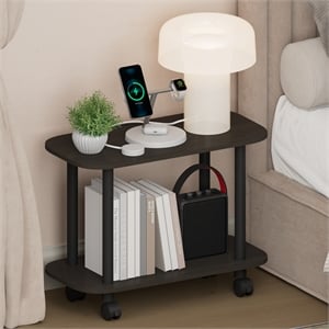 Pemberly Row 2-Tier Oval Nightstand with Wheels Round Corner in Espresso