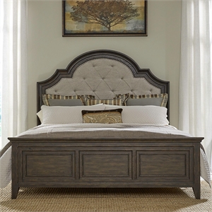 Pemberly Row California King Upholstered Panel Bed with Arched Crown in Brown