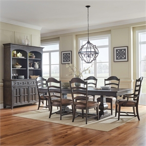Pemberly Row 7 Piece Trestle Table Dining Set with Arm Chairs in Brown