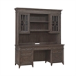 Pemberly Row Credenza and Hutch Home Office Desk Set with Lighting in Brown