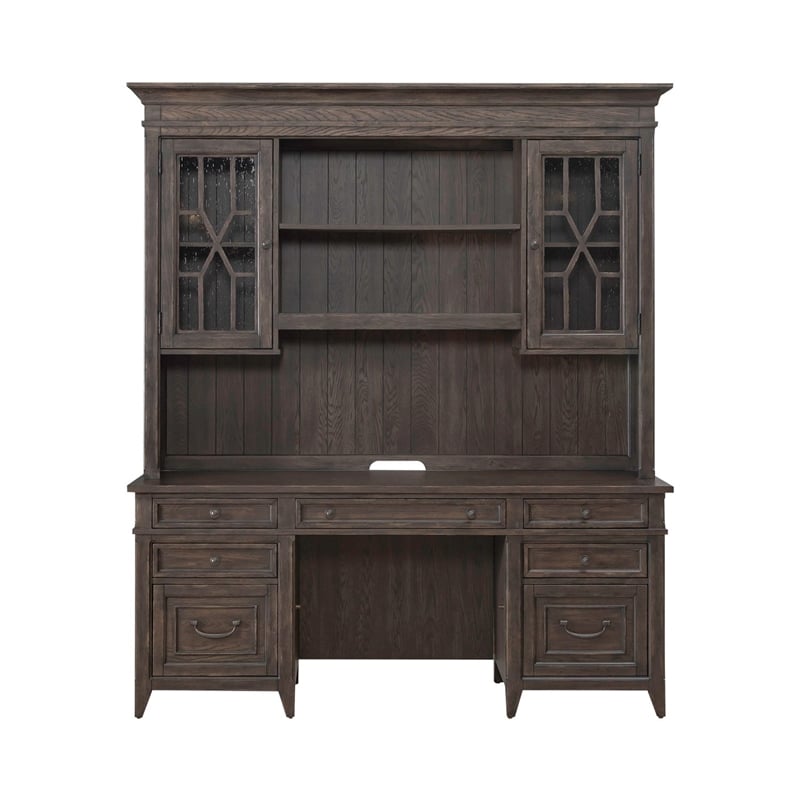 Pemberly Row Credenza and Hutch Home Office Desk Set with Lighting in Brown