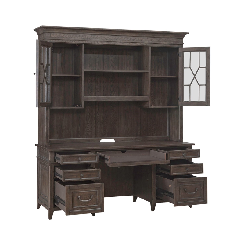 Pemberly Row Credenza and Hutch Home Office Desk Set with Lighting in Brown