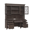 Pemberly Row Credenza and Hutch Home Office Desk Set with Lighting in Brown