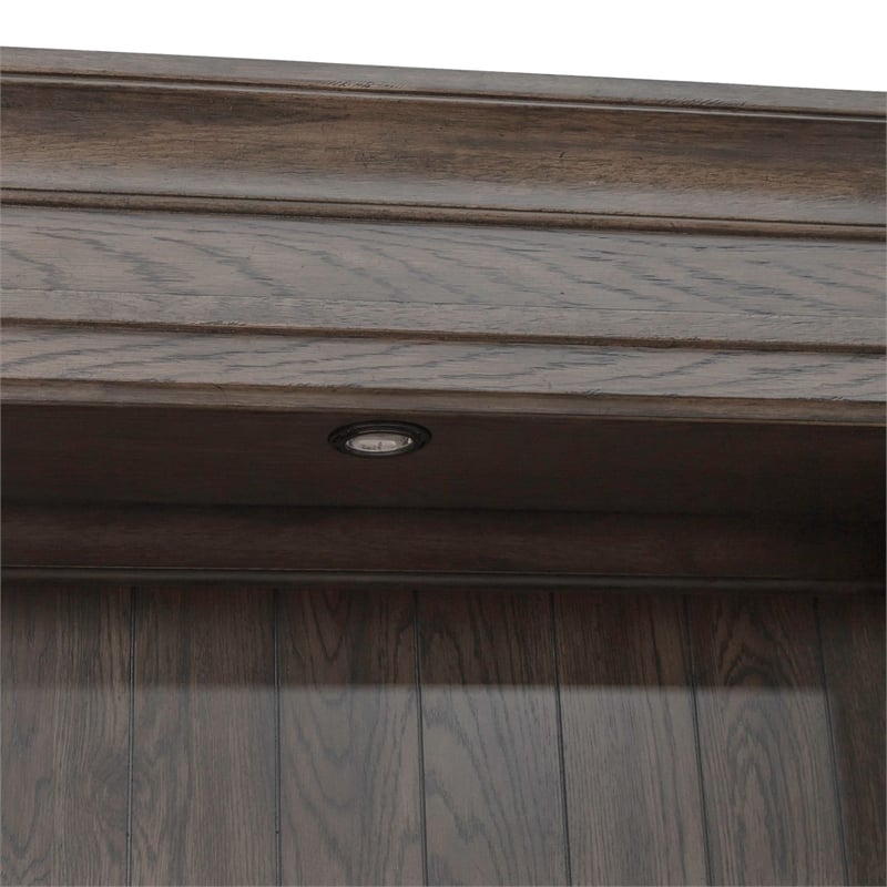 Pemberly Row Credenza and Hutch Home Office Desk Set with Lighting in Brown