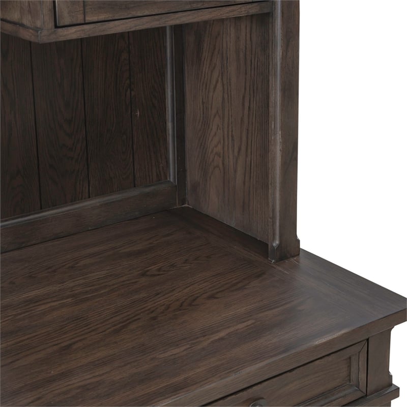 Pemberly Row Credenza and Hutch Home Office Desk Set with Lighting in Brown