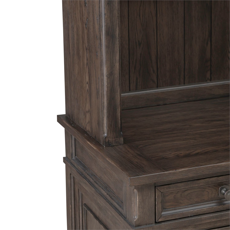 Pemberly Row Credenza and Hutch Home Office Desk Set with Lighting in Brown