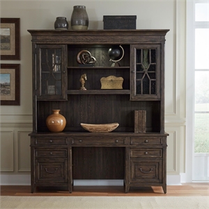 Pemberly Row Credenza and Hutch Home Office Desk Set with Lighting in Brown