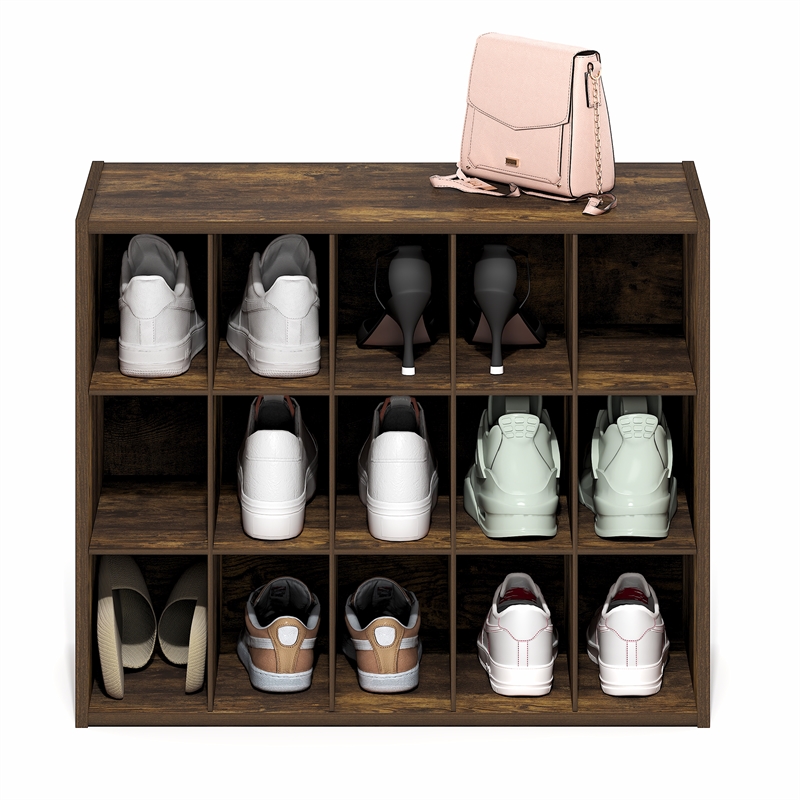 Pemberly Row 15-Cube Stackable Shoe Rack for Closet Entryway in Amber Pine