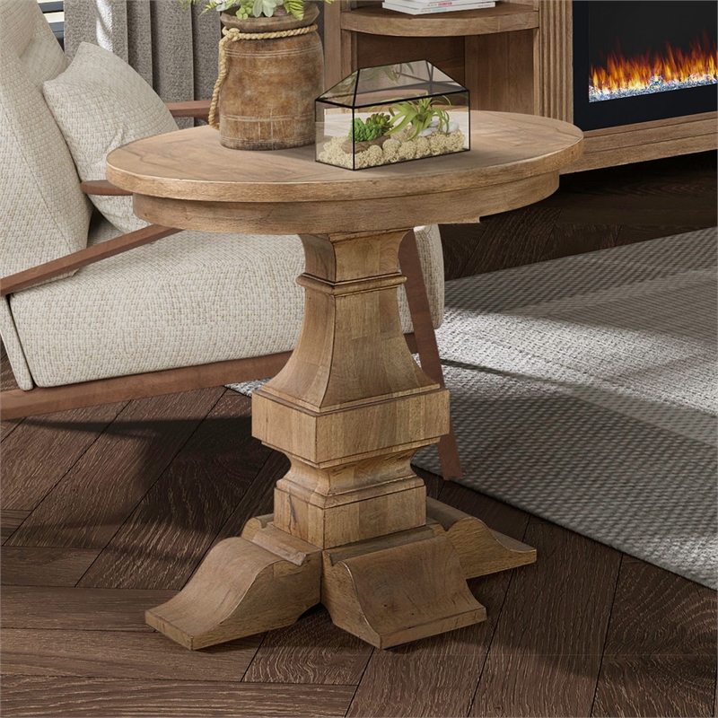 Pemberly Row Round End Table with Column Pedestal Base in Brown