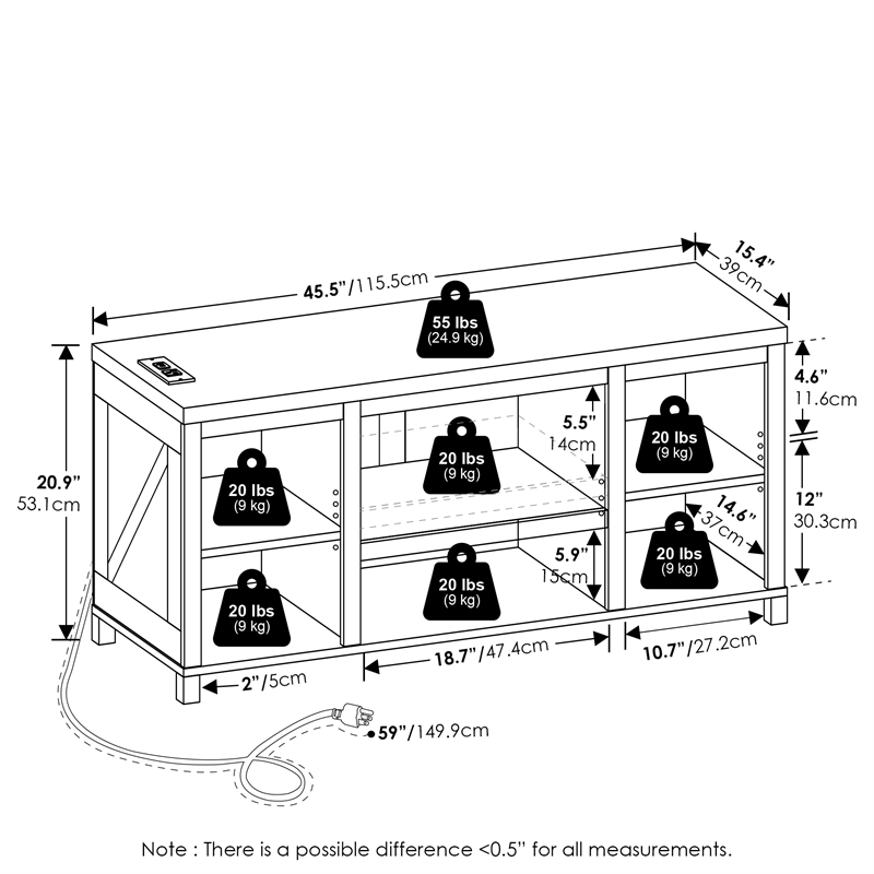 Pemberly Row 3-Tier TV Stand with Charging for TVs up to 55