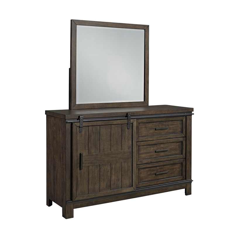 Pemberly Row Twin Panel Bed with Dresser and Beveled Mirror in Brown