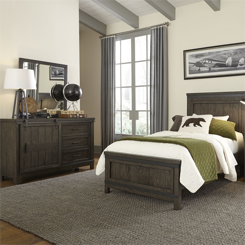 Pemberly Row Twin Panel Bed with Dresser and Beveled Mirror in Brown
