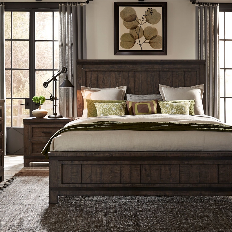 Pemberly Row California King Panel Bed with Planked Headboard in Brown