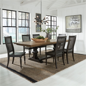 Pemberly Row 7 Piece Trestle Dining Set with Slat Back Chairs in Chalkboard