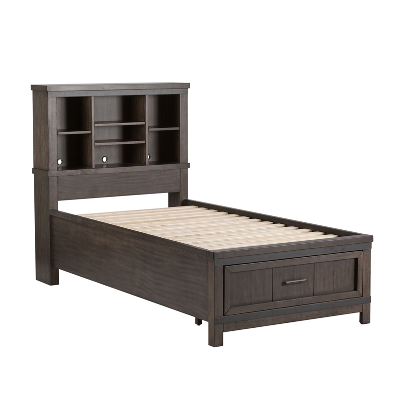 Pemberly Row Twin Bookcase Bed with Sliding Door Dresser and Mirror in Brown