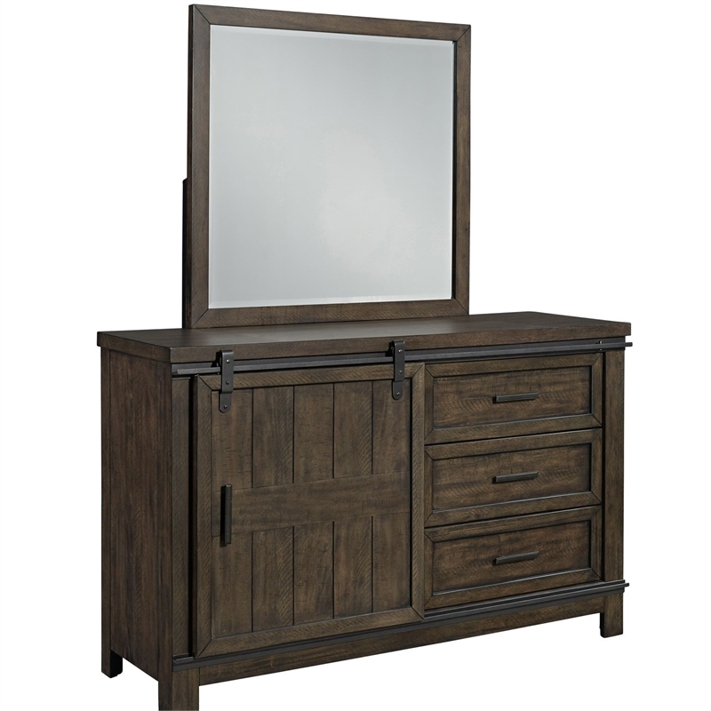 Pemberly Row Twin Bookcase Bed with Sliding Door Dresser and Mirror in Brown
