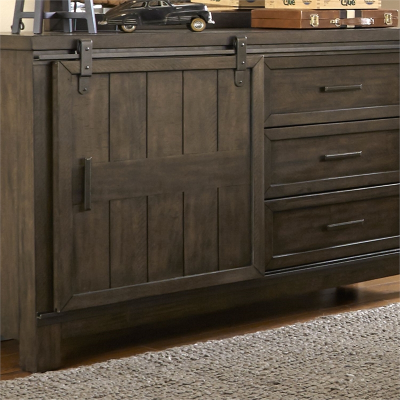 Pemberly Row Twin Bookcase Bed with Sliding Door Dresser and Mirror in Brown