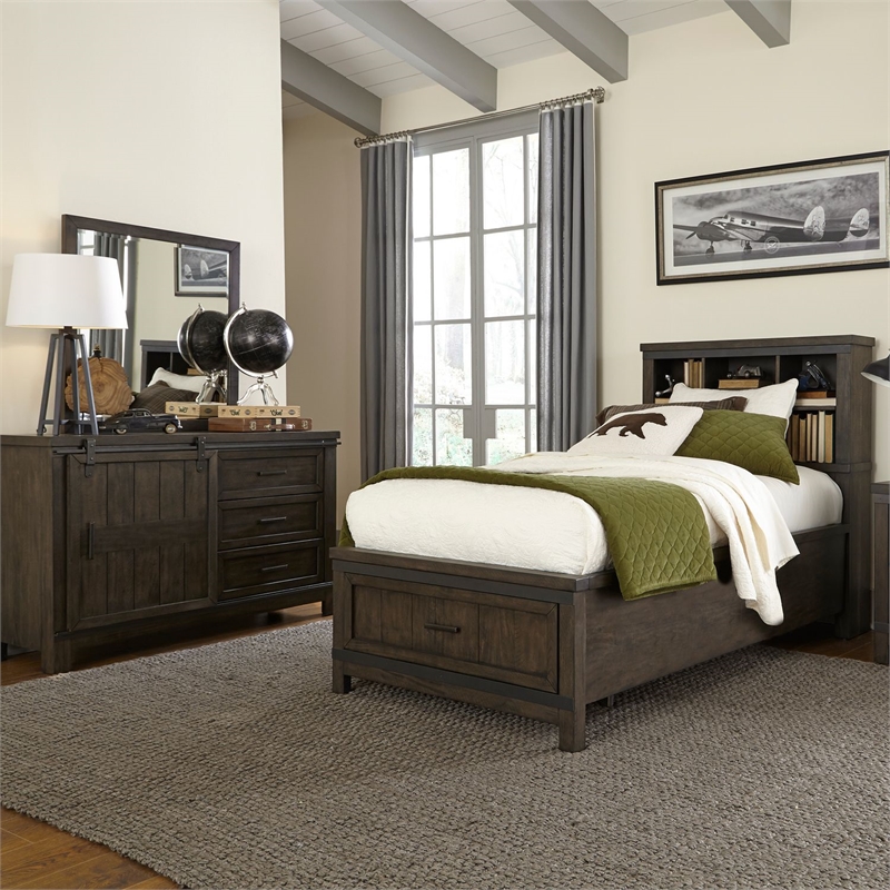 Pemberly Row Twin Bookcase Bed with Sliding Door Dresser and Mirror in Brown