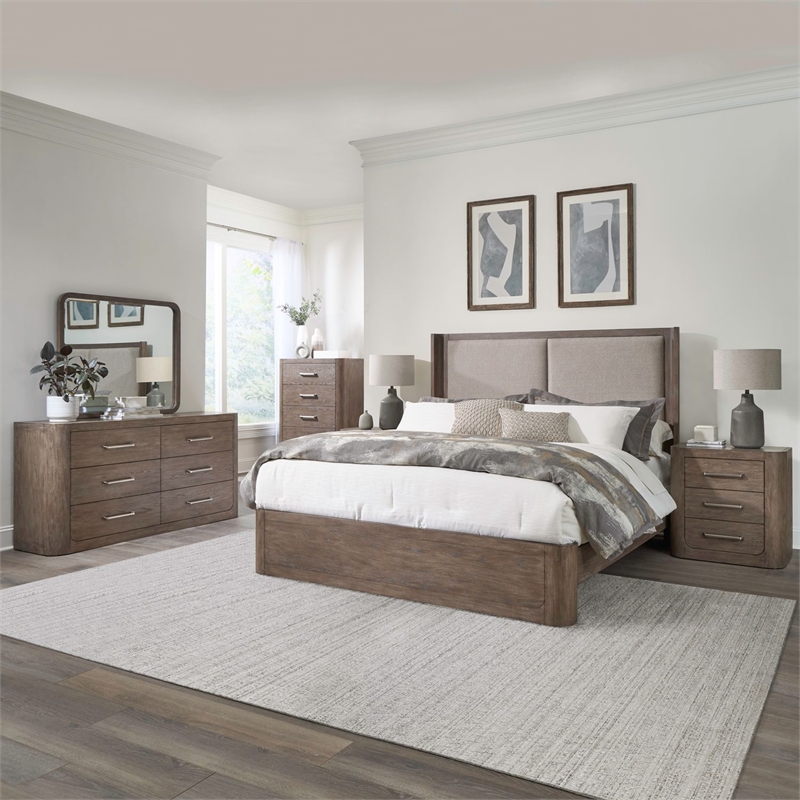 Pemberly Row Queen Shelter Bed Dresser Mirror Chest and Nightstand