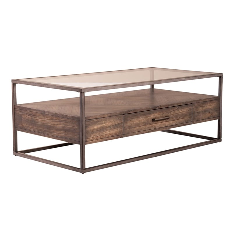 Pemberly Row Rectangular Cocktail Table with Beveled Glass Top in Brown