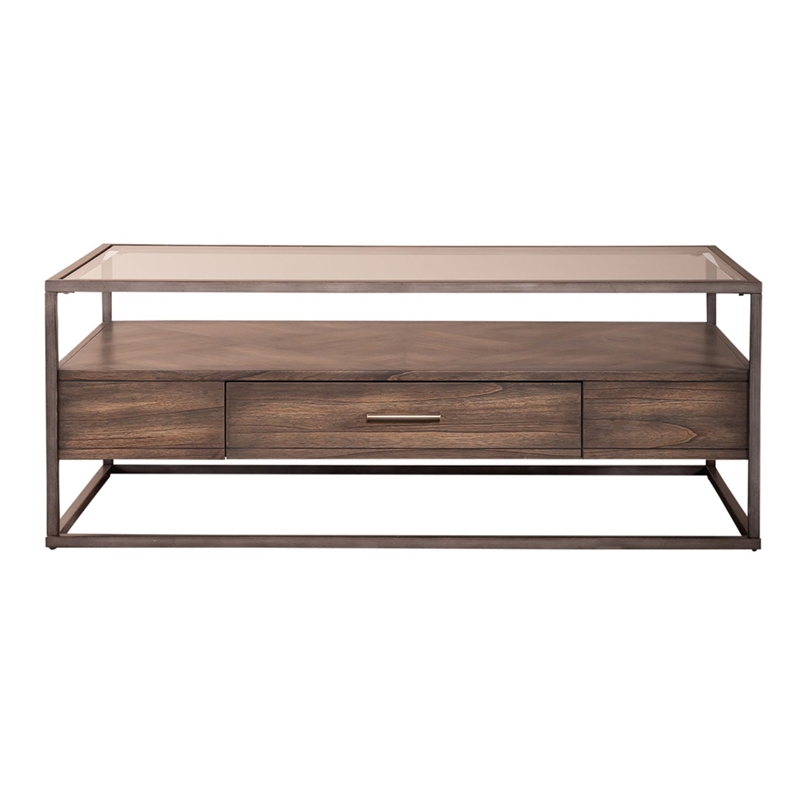 Pemberly Row Rectangular Cocktail Table with Beveled Glass Top in Brown
