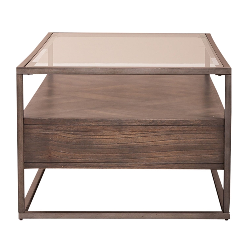 Pemberly Row Rectangular Cocktail Table with Beveled Glass Top in Brown