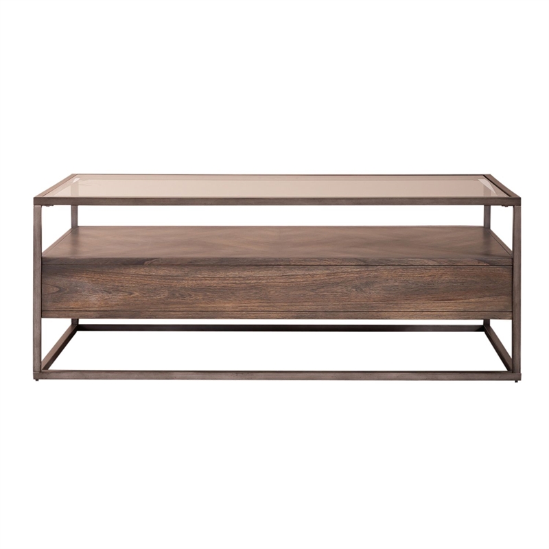 Pemberly Row Rectangular Cocktail Table with Beveled Glass Top in Brown