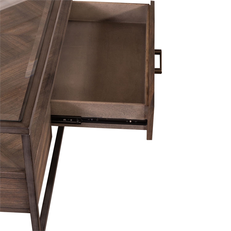 Pemberly Row Rectangular Cocktail Table with Beveled Glass Top in Brown
