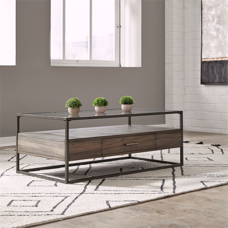 Pemberly Row Rectangular Cocktail Table with Beveled Glass Top in Brown