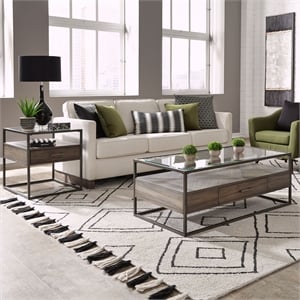 Pemberly Row 3 Piece Cocktail and End Table Set with Glass Tops in Brown