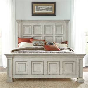 Pemberly Row King Panel Bed with Crown Molding and Block Feet in White Stone